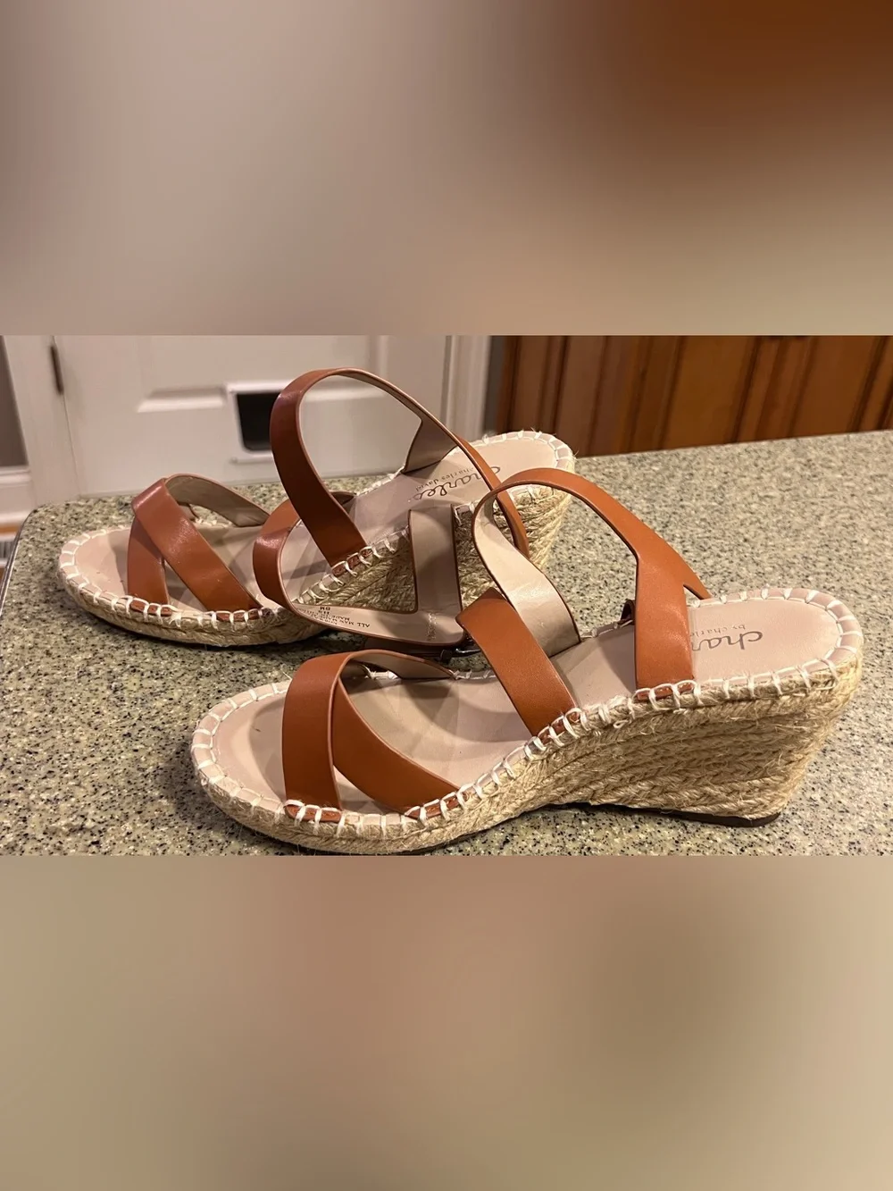 Charles David Cognac Leather Espadrille Wedge Sandals
